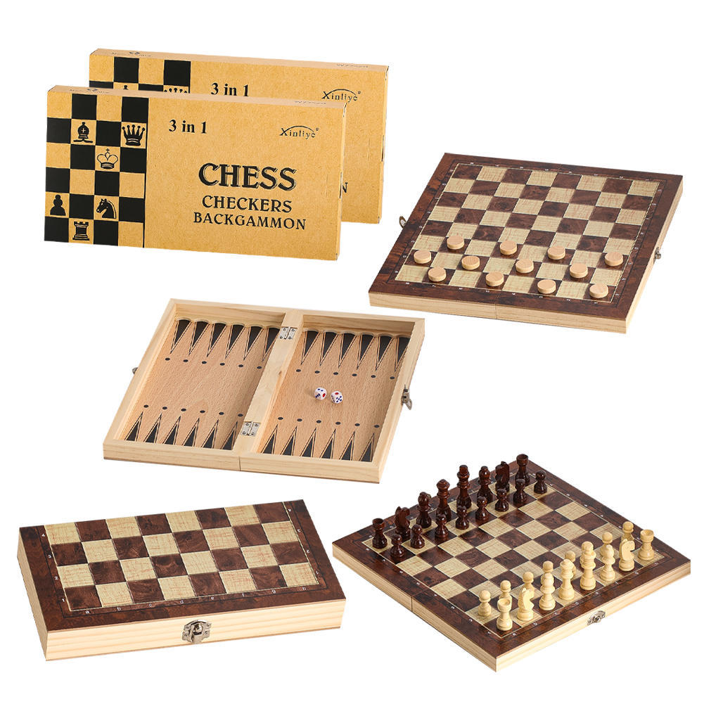 Wooden 3-in-1 Checkers Backgam - Chess Set Wooden 评论和价格